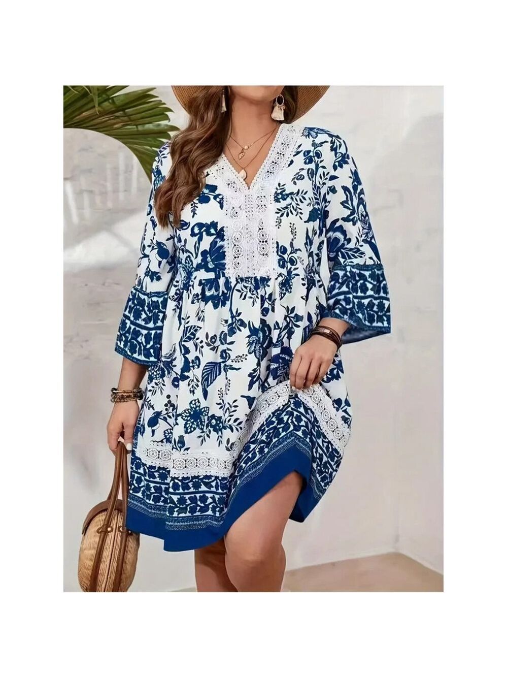 Osadía Blue Floral Tunic Dress 4XL US 20 Boho V-Neck Woven Fabric w/ Lace Trim